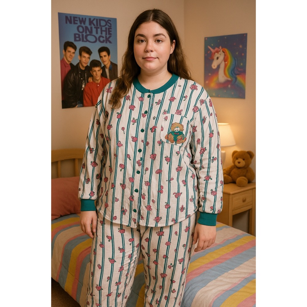 Vintage 80s Night Gear Sleepwear Women's‎ Pajamas Set Striped Bear Print Cotton